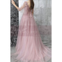 Robe de soirée rose nude en tulle avec haut brodé en fleurs et joli laçage au dos - Ref L2384 - 04