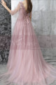 Robe de soirée rose nude en tulle avec haut brodé en fleurs et joli laçage au dos - Ref L2384 - 04