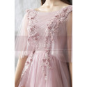 Robe de soirée rose nude en tulle avec haut brodé en fleurs et joli laçage au dos - Ref L2384 - 05