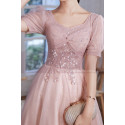 Robe longue rose pastel en tulle pailleté haut et manches courtes ravissantes pour soirée - Ref L2383 - 04