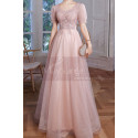 Robe longue rose pastel en tulle pailleté haut et manches courtes ravissantes pour soirée - Ref L2383 - 05