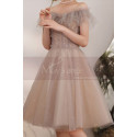 Robe de cocktail ravissante couleur nude en tulle pailleté à épaules dénudés - Ref C2080 - 02