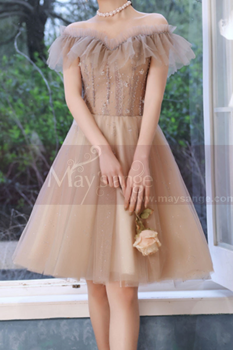 Robe de cocktail ravissante couleur nude en tulle pailleté à épaules dénudés - Ref C2080 - 01