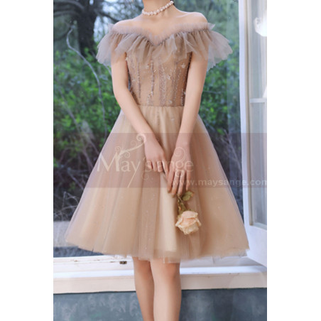 Lovely nude sequined tulle off the shoulder cocktail dress