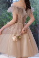 Lovely nude sequined tulle off the shoulder cocktail dress - Ref C2080 - 05