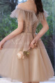 Robe de cocktail ravissante couleur nude en tulle pailleté à épaules dénudés - Ref C2080 - 05