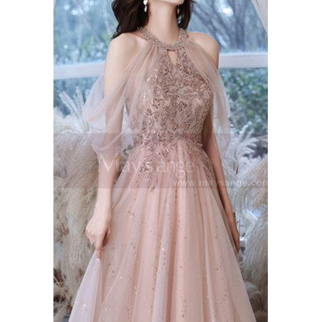 Long chic evening dress with embroidered rhinestone top and stylish dropped sleeves