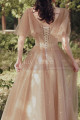 Nude ceremony dress in tulle with pretty embroidered bustier and stylish sleeves - Ref L2386 - 02