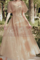 Nude ceremony dress in tulle with pretty embroidered bustier and stylish sleeves - Ref L2386 - 03