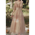 Nude long dress for ceremony in glittery tulle with pretty embroidery on the tail and slit sleeves - Ref L2387 - 02