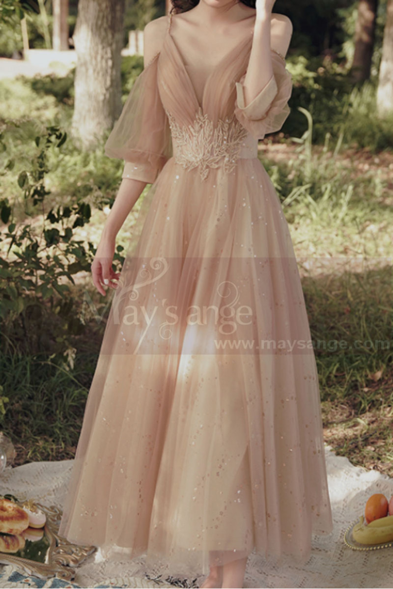 Nude long dress for ceremony in glittery tulle with pretty embroidery on the tail and slit sleeves - Ref L2387 - 01