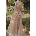 Nude long dress for ceremony in glittery tulle with pretty embroidery on the tail and slit sleeves - Ref L2387 - 03
