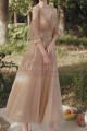 Nude long dress for ceremony in glittery tulle with pretty embroidery on the tail and slit sleeves - Ref L2387 - 03