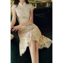 Beautiful short dress for ceremony in champagne-colored lace with short sleeves - Ref C2991 - 02