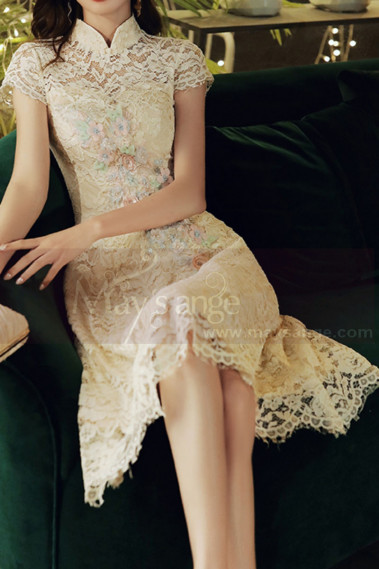Beautiful short dress for ceremony in champagne-colored lace with short sleeves - C2991 #1
