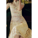 Beautiful short dress for ceremony in champagne-colored lace with short sleeves - Ref C2991 - 04