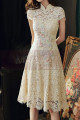 Beautiful short dress for ceremony in champagne-colored lace with short sleeves - Ref C2991 - 05