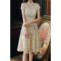 Beautiful short dress for ceremony in champagne-colored lace with short sleeves - Ref C2991 - 06