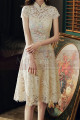 Beautiful short dress for ceremony in champagne-colored lace with short sleeves - Ref C2991 - 06
