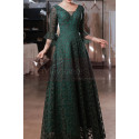 Long dress for ceremony in emerald green lace with stylish mid-length sleeves - Ref L2389 - 02