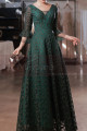 Long dress for ceremony in emerald green lace with stylish mid-length sleeves - Ref L2389 - 02