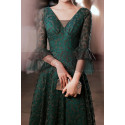 Long dress for ceremony in emerald green lace with stylish mid-length sleeves - Ref L2389 - 03
