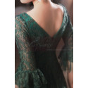 Long dress for ceremony in emerald green lace with stylish mid-length sleeves - Ref L2389 - 04