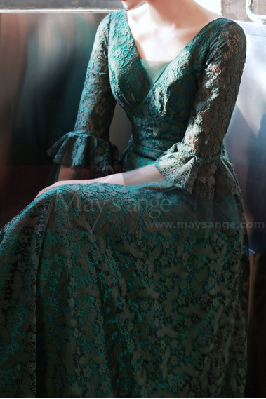 Long dress for ceremony in emerald green lace with stylish mid-length sleeves - L2389 #1