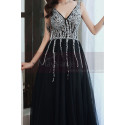 Beautiful long black tulle evening dress with pretty rhinestone top and V-neck - Ref L2390 - 02