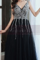 Beautiful long black tulle evening dress with pretty rhinestone top and V-neck - Ref L2390 - 02