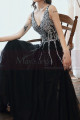 Beautiful long black tulle evening dress with pretty rhinestone top and V-neck - Ref L2390 - 03