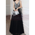 Beautiful long black tulle evening dress with pretty rhinestone top and V-neck - Ref L2390 - 04