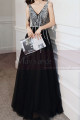 Beautiful long black tulle evening dress with pretty rhinestone top and V-neck - Ref L2390 - 04