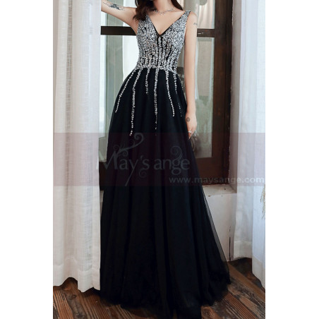 Magnifique robe de soirée longue noire en tulle avec joli haut en strass et col V