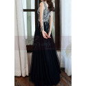 Beautiful long black tulle evening dress with pretty rhinestone top and V-neck - Ref L2390 - 06