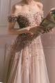 Nude pink tulle maxi prom dress with modern rhinestone top and dropped short sleeves - Ref L2391 - 03