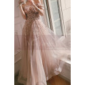 Nude pink tulle maxi prom dress with modern rhinestone top and dropped short sleeves - Ref L2391 - 04