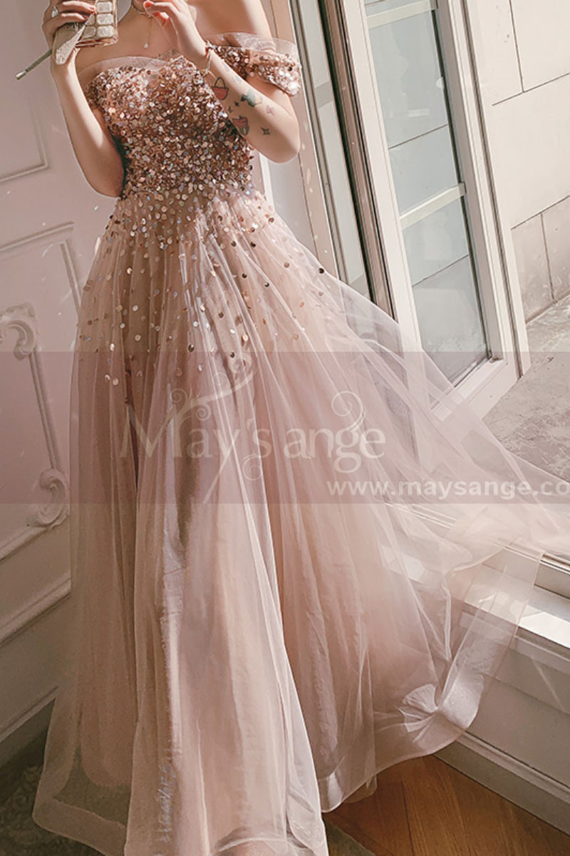 Nude pink tulle maxi prom dress with modern rhinestone top and dropped short sleeves - Ref L2391 - 01