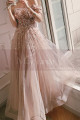 Nude pink tulle maxi prom dress with modern rhinestone top and dropped short sleeves - Ref L2391 - 04