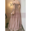 Nude pink tulle maxi prom dress with modern rhinestone top and dropped short sleeves - Ref L2391 - 05