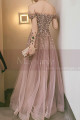 Nude pink tulle maxi prom dress with modern rhinestone top and dropped short sleeves - Ref L2391 - 05
