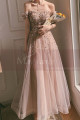Nude pink tulle maxi prom dress with modern rhinestone top and dropped short sleeves - Ref L2391 - 06