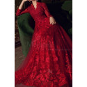 Long bright red dress with chic guipure top and sleeves for ceremony - Ref L2392 - 02