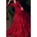 Robe longue habillée rouge vif avec haut et manches chics en guipure pour cérémonie - Ref L2392 - 02