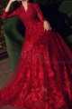 Robe longue habillée rouge vif avec haut et manches chics en guipure pour cérémonie - Ref L2392 - 02