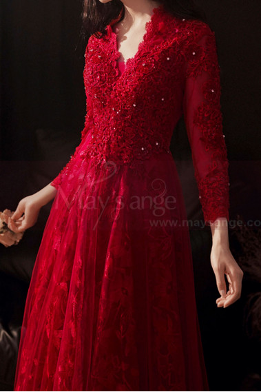 Long bright red dress with chic guipure top and sleeves for ceremony - L2392 #1