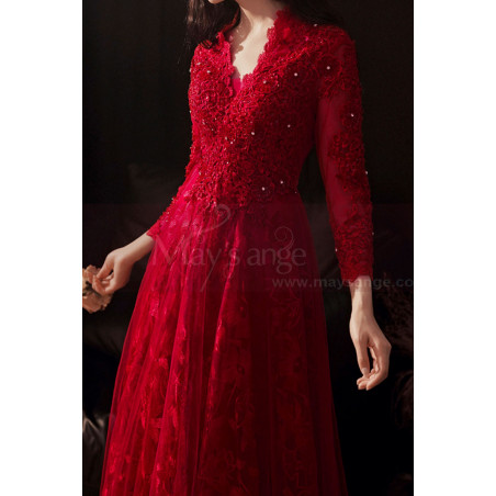 Long bright red dress with chic guipure top and sleeves for ceremony