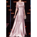 elegant pink satin evening dress with chic lace embroidered top - Ref L2393 - 02