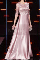 elegant pink satin evening dress with chic lace embroidered top - Ref L2393 - 02