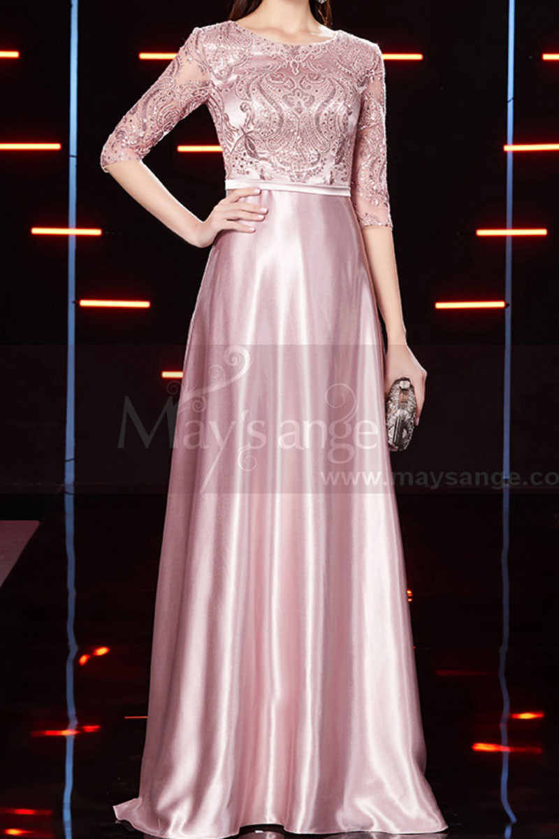 these Proportional Sway elegant pink satin evening dress with chic lace embroidered top